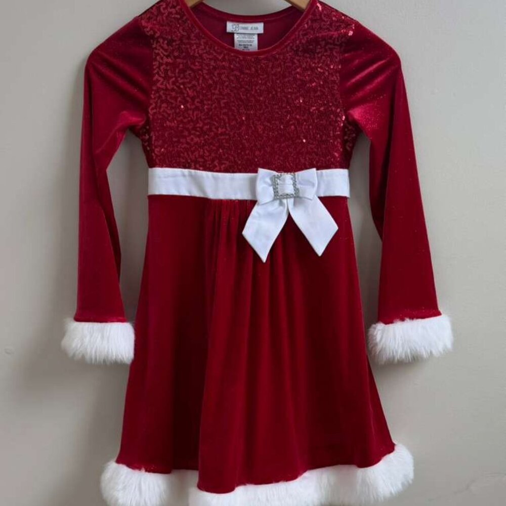Like New Bonnie Jean Girls  Sequin Bodice Santa Dress Fur Trim - Size 7-8 Years